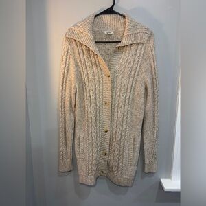 L.L. Bean Size Small M Tan Cable Knit Fisherman Button Cotton Cardigan Sweater